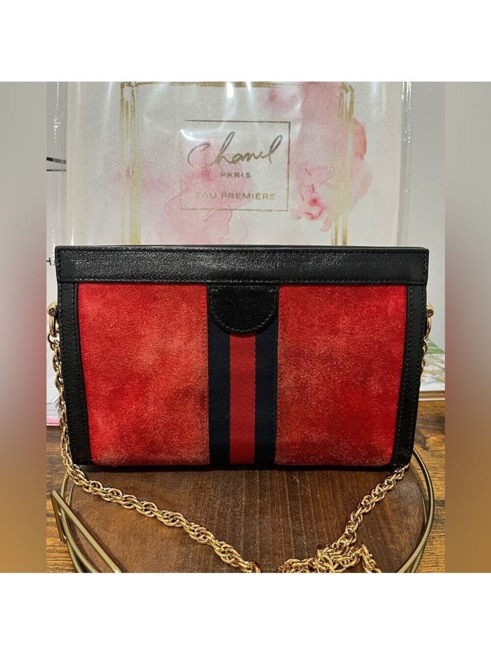 Gucci Ophidia Red Suede Black Leather Chain Med Bag - Picture 2 of 9